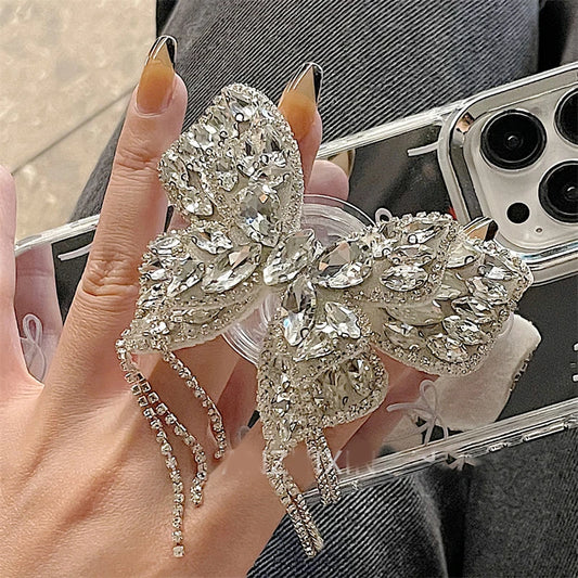 INS Cute Glitter Butterfly Tassel Diamond Griptok Bracket For iPhone Case